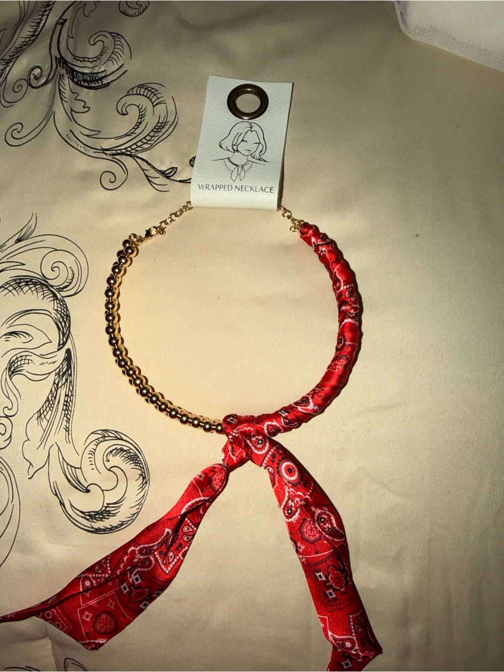 Wrapped Collar Necklace - Red Bandana Tie Gold Chain -